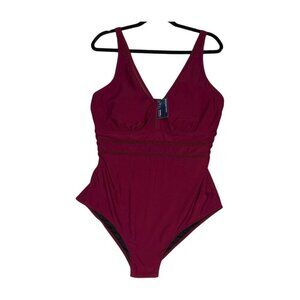 SUMMER MAE Plum One Piece Swimsuit 18W Tummy Control Mesh V-Neck NWT